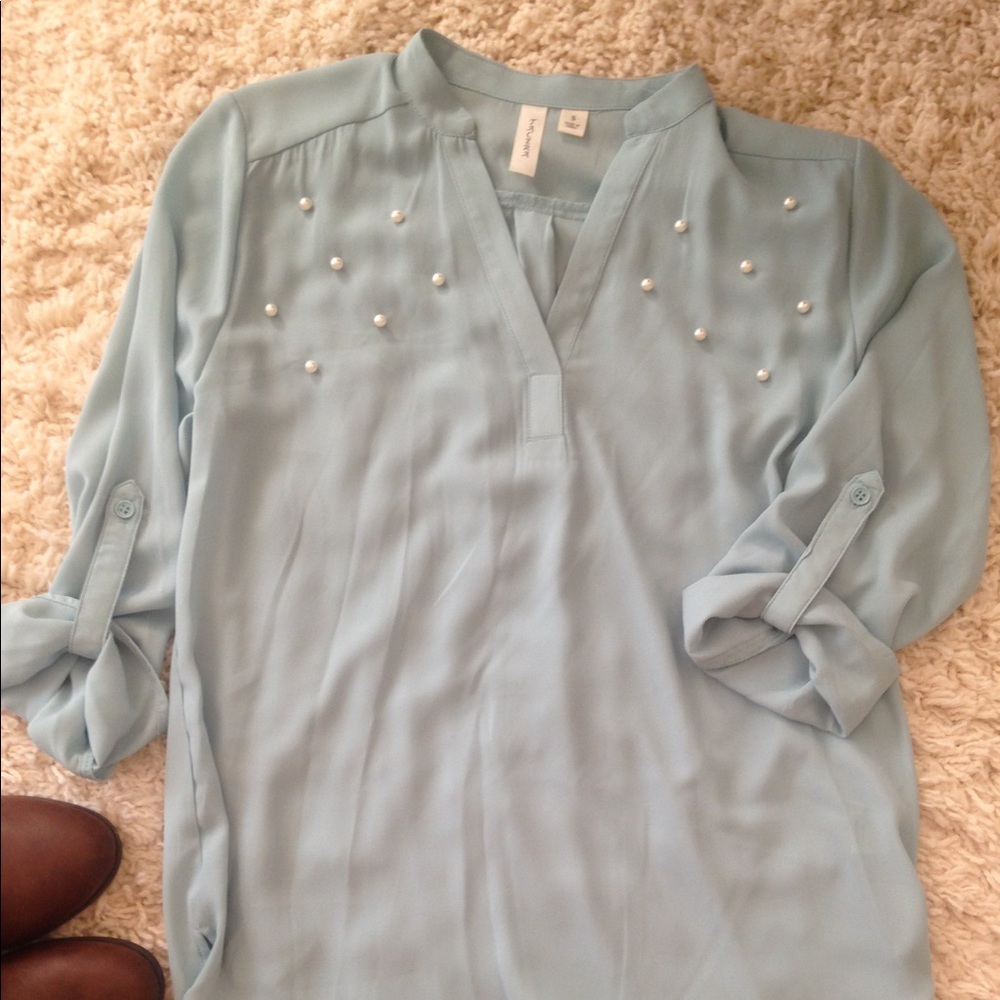 NWOT Blue blouse with pearl embellishments!
